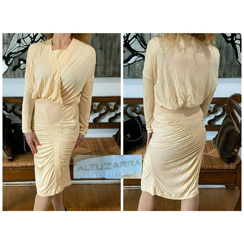 ALTUZARRA WOOL PEACH LONG SLEEVE BODYCON RUCHED RUNWAY COUTURE SEXY DRESS 8 ❤️